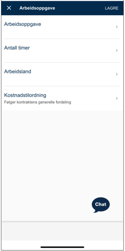 Skjermbilde av valget "Arbeidsoppgave", med feltene "Arbeidsoppgave", "Antall timer", "Arbeidsland" og "Kostnadstilordning" tilgjengelig.