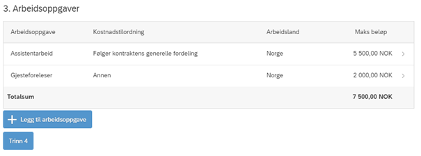 Skjermbildet viser trinn 3 arbeidsoppgaver for en oppdragskontrakt med eksempler på oppgaver lagt inn.