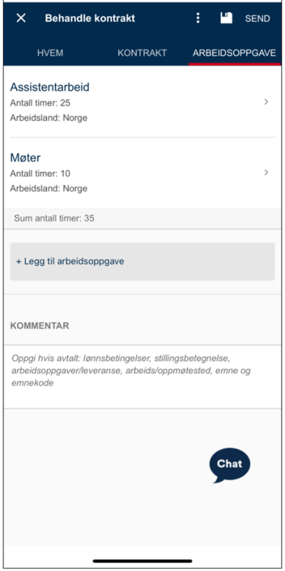 Skjermbilde av feltene under "Arbeidsoppgaver" utfylt med eksempelinformasjon.