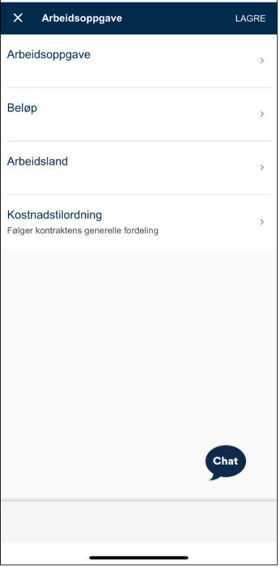 Skjermbilde av felt for "Arbeidsoppgave", "Beløp", "Arbeidsland" og "kostnadstilordning" ved registrering av ny arbeidsoppgave.