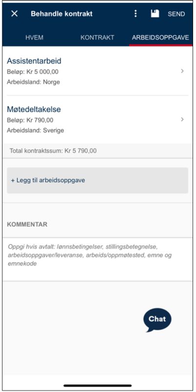 Skjermbilde av feltene under "Arbeidsoppgaver" utfylt med eksempelinformasjon.