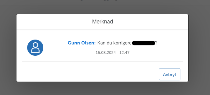 Bildet viser merknad i returnert søknad