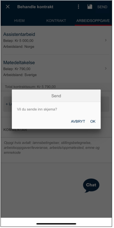 Skjermbilde av bekreftelsesdialog ved innsending av skjema, med knapper for å bekrefte at en vil sende inn skjema eller ikke.