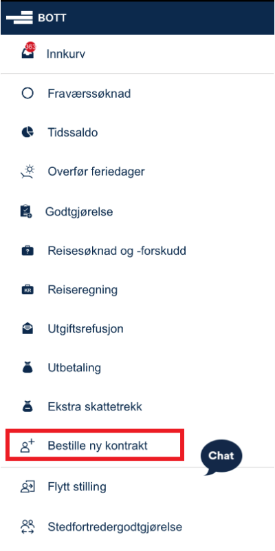 Bildet viser menyvalget "Bestille ny kontrakt" i DFØ-app.
