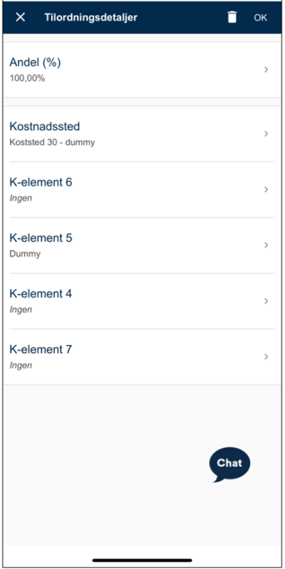 Skjermbildet viser tilordningsdetaljer for kostnadsfordeling, med felter for andel som skal fordeles i prosent, kostandssted, K-element 6, 5, 4 og 7.