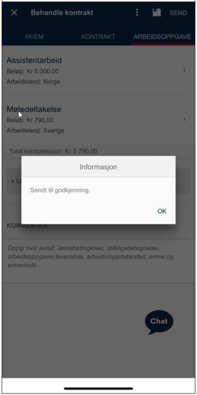 Skjermbilde av bekreftelsesdialog med informasjon om at skjema er sendt inn til godkjenning.
