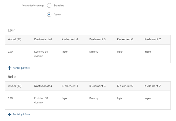 Skjermbildet viser tilgjengelige valg for kostnadstilordning.