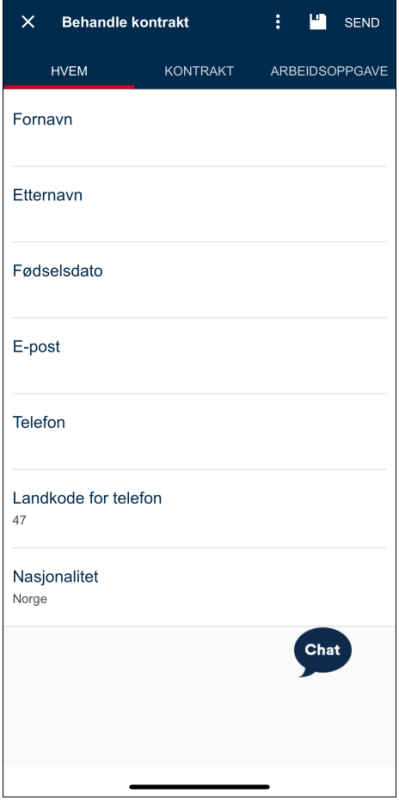 Skjermbilde av fane 1 - "Hvem", med felter for registrering av persondata som navn, fødselsdato, e-postadresse, telefonnummer og nasjonalitet..