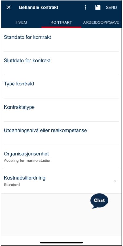 Skjermbildet viser fane for "Kontrakt" med felt for registrering av informasjon som start- og sluttdato for kontrakt, type kontrakt, utdanningsnivå og hvilken del av organisasjonen kontrakten skal være i.