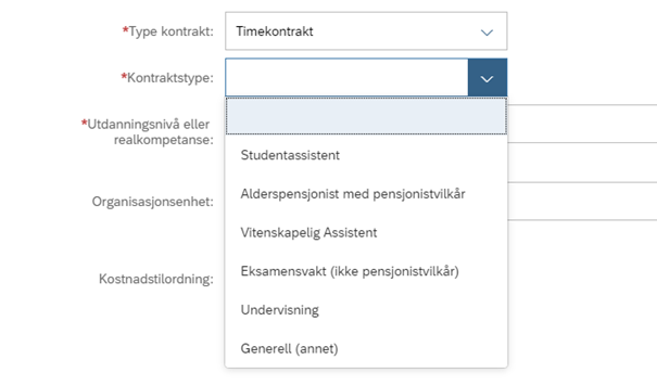 Skjermbilde av feltene "Type kontrakt", "Kontraktstype", "Utdanningsnivå eller realkompetanse", "Orgaisasjonsenhet" og "Kostnadstilordning.