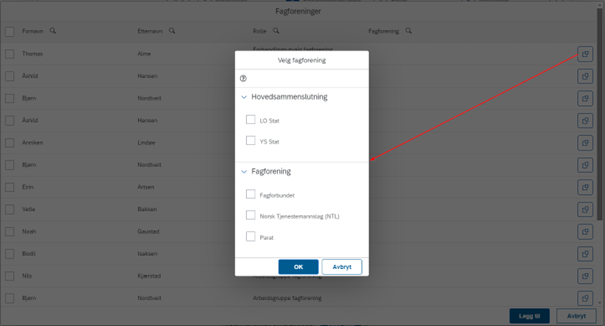 Hvis det mangler fagforeninger i listen, må disse legges til i Systemoppsett.