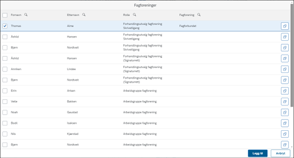 I listen for Fagforening må hver enkelt person knyttes til sin(e) fagforening(er) eller hovedsammenslutning(er) før man kan legge dem til som forhandlingsdeltakere.