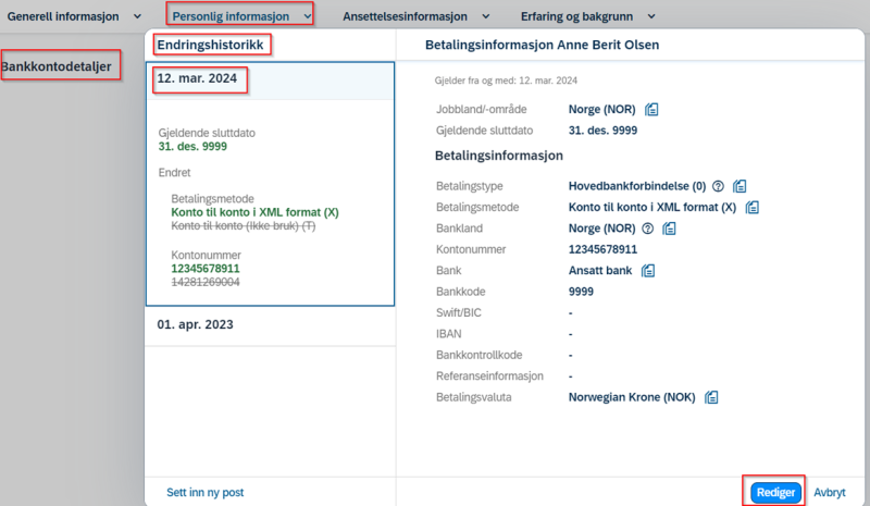 Korrigering av dato bankkontodetaljer