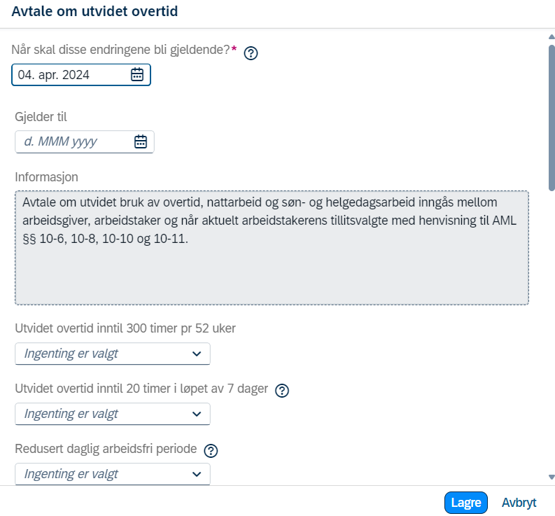 Registreringsbildet til avtale om utvidet overtid