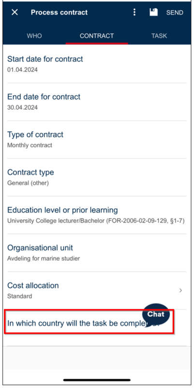 Screenshot of the option "In which country will the task be completed"