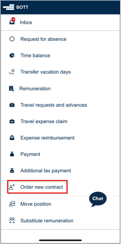 Screenshot of the main menu in the app, with "Order new contract" highlighted.