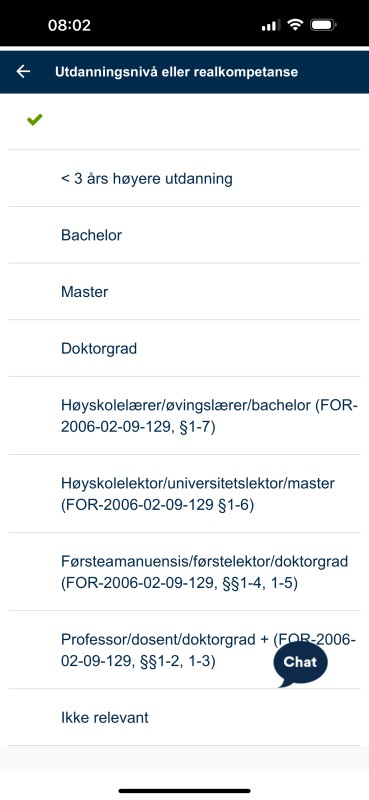 Skjermbilde som viser eksempler på mulige valg for utdanningsnivå.