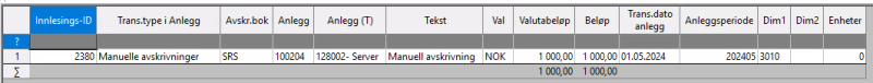 Vinduet viser alle anleggsmiddelbilag som er klare for postering. Her kan du slette bilag og redigere bilagstekst. 