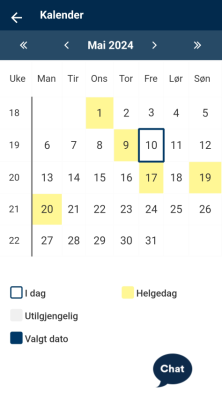 Bildet viser kalender i dfø appen