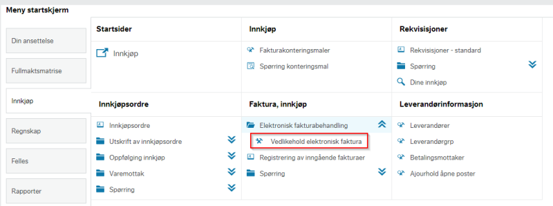 Viser menypunktet for vedlikehold elektronisk faktura som finnes i fanen for Innkjøp – Faktura, innkjøp