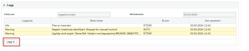 Viser loggen for faktura. Viser at det er mulig å legge til kommentar i loggen ved trykke på Legg til som er nederst til venstre i skjermbildet.) 