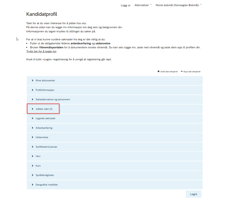 Bildet som viser hvor kandidaten finner fanen "jobber søkt" i sin kandidatprofil.