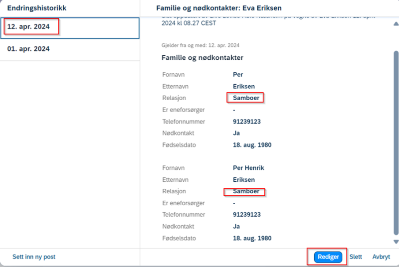 endringshistorikk familie og nødkontakter