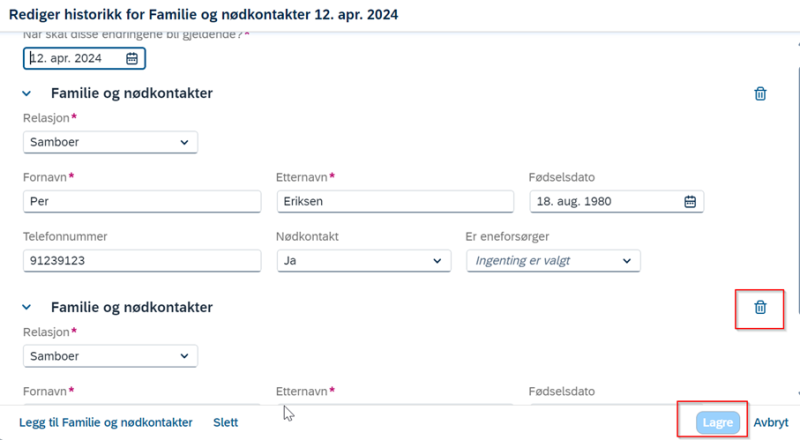 redigere familie og nødkontakt