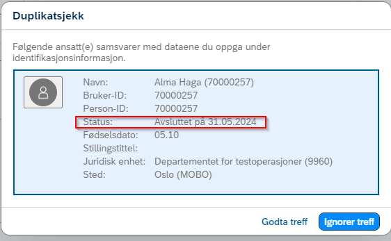 Skjermvbilde av duplikatsjekk med en rød firkant rundt "status".
