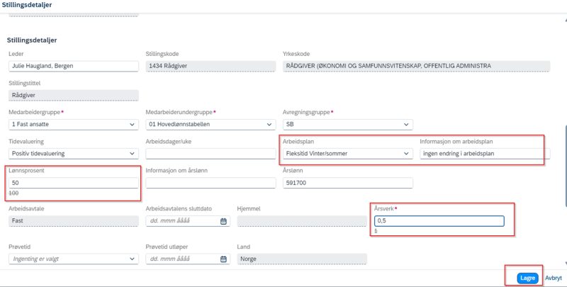 eksempel endre stillingsprosent
