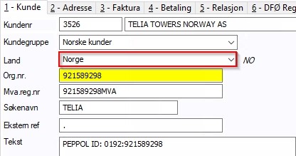 Norge registreres som land og norsk organisasjonsnummer i feltet "Org.nr"