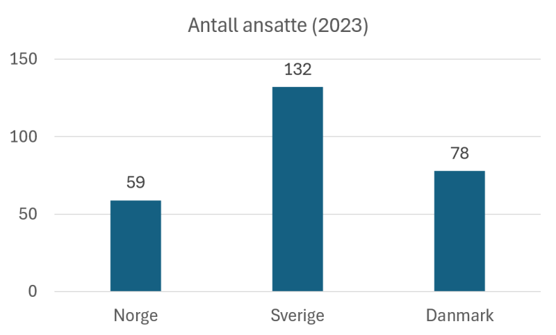 Tabell som beskriver sammenligning av antall ansatte for 2023 i Norge, Sverige og Danmark.