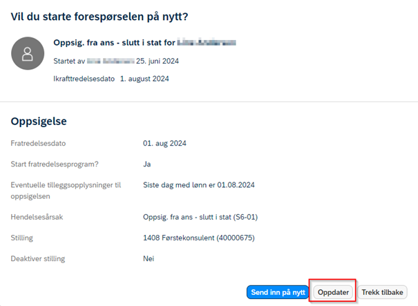 Skjermbilde av oppdater - oppsigelse.