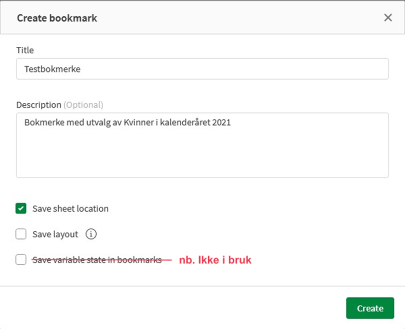 Bildet viser eksempel på vinduet for å lage bokmerker.