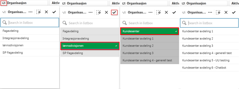 Bildet er av en stegvis veiledning som viser hvordan brukergrensesnittet forandrer seg for de ulike stegene for å drille seg ned i filtervalg.