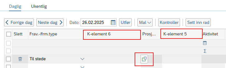 Bildet viser hvor man kan registrere prosjekt og aktivitet