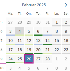 Bildet viser kalendervisning hvor du kan velge dato for registrering