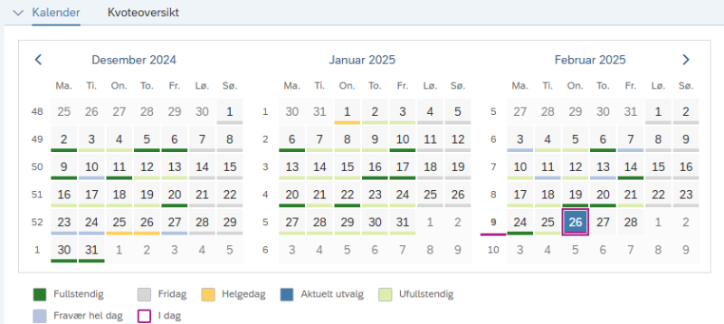 Bildet viser kalendervisningen i timeregistreringsmodulen
