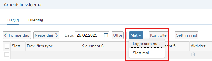 Bildet viser nedtrekksmenyen med alternativene for å lagre eller slette mal