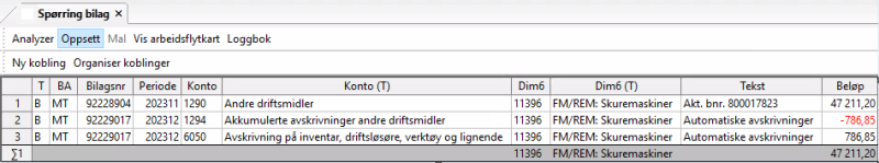 Her vises et bilde fra Unit4 ERP, med opprettelse/aktivering av et nytt anlegg, debet på konto 1290 med kr 47.211,20. I tillegg vises bokføring av avskrivninger i påfølgende periode bokført som debet på konto 6044 med kr 786,85 og kredit 1294 med kr 786,85.