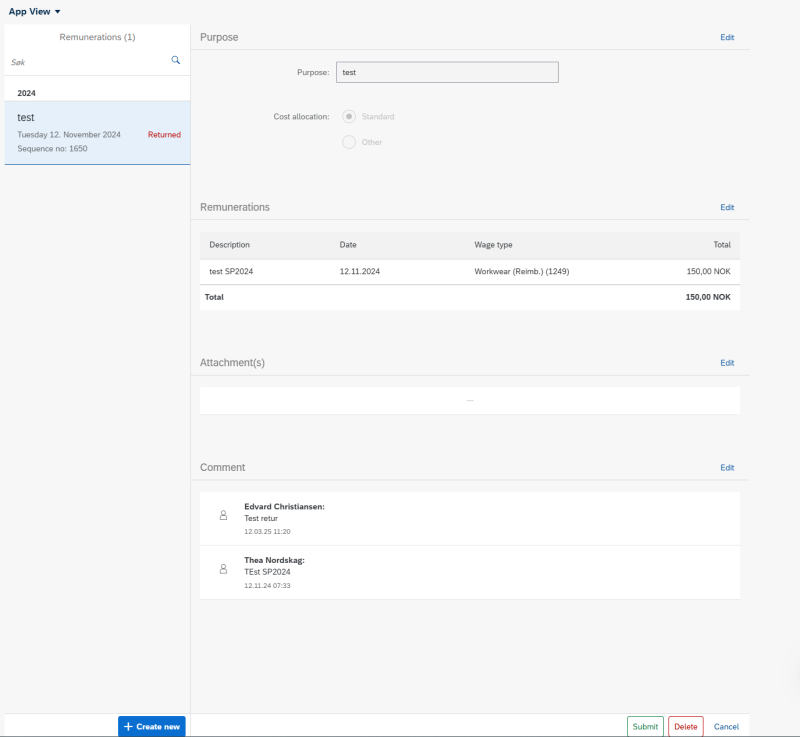 Image showing overview of remunerations and selected remuneration with status returned