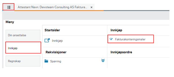 Under menypunkt Innkjøp og Innkjøp ligger finner du skjermbildet for Fakturakonteringsmaler. 