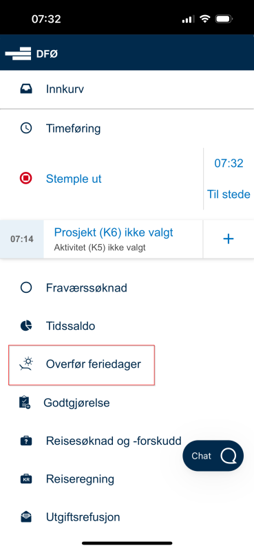 Bildet viser overfør feriedager i dfø appen