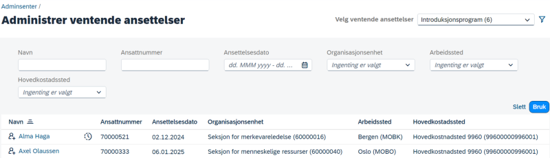 oversikt administrer ventende ansettelser