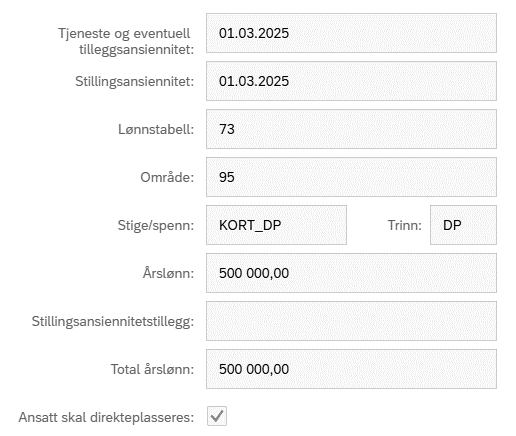 Bildet viser informasjon om lønn når ansatt direkteplasseres. 