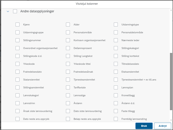 Bildet viser vis eller skjul kolonner