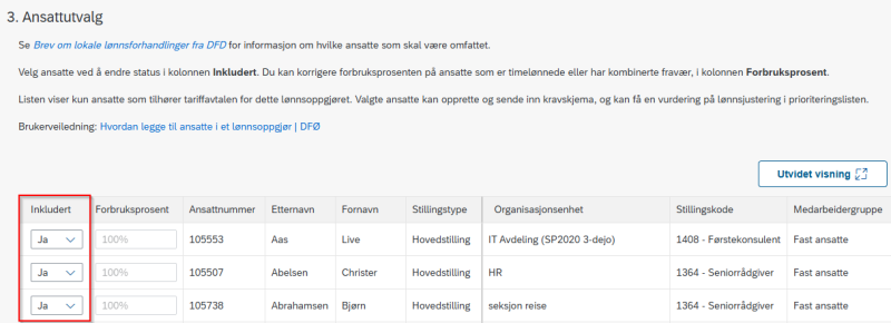 Bildet viser avhuking for ja i kolonnen inkludert
