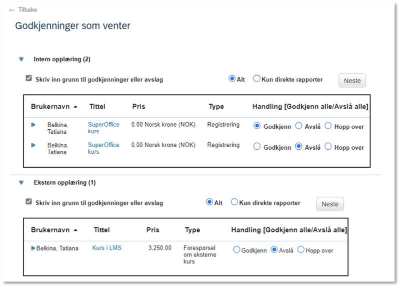 Bildet viser godkjenninger som venter inne i Læringsgodkjenninger