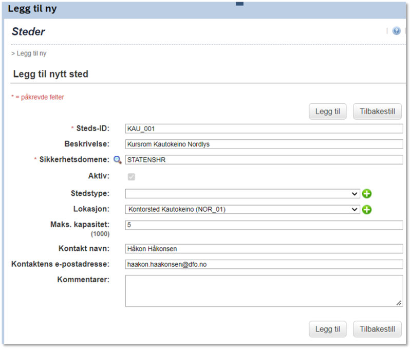 Bildet viser legg til nytt sted