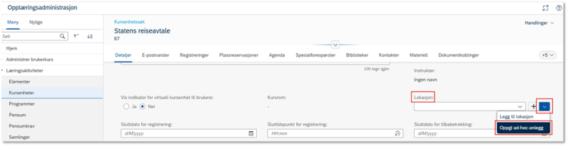 Bildet viser knappen Oppgi ad hoc anlegg